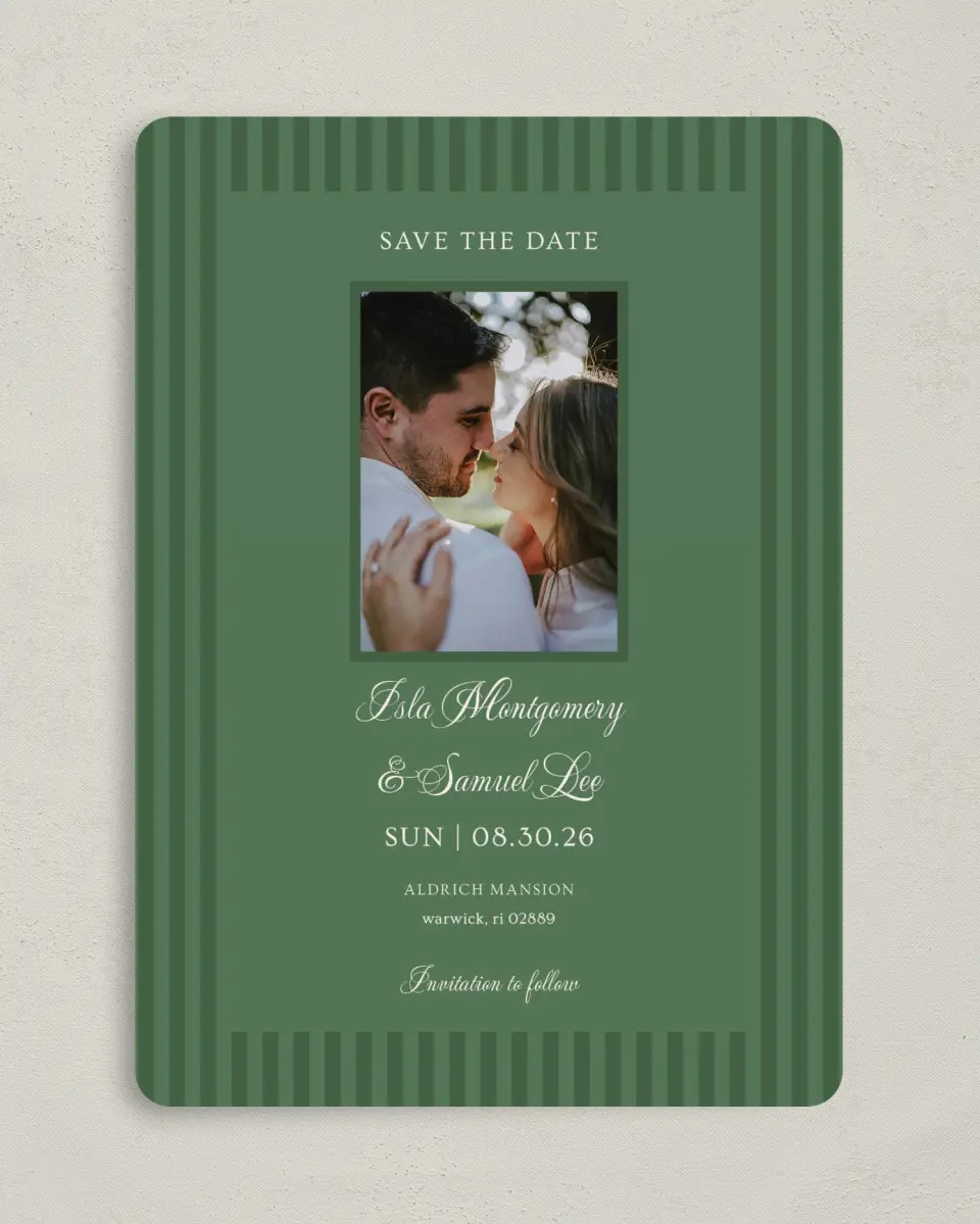 This is a 5" x 7" Save the Date Card called Warwick printed in full color on Premium Smooth paper