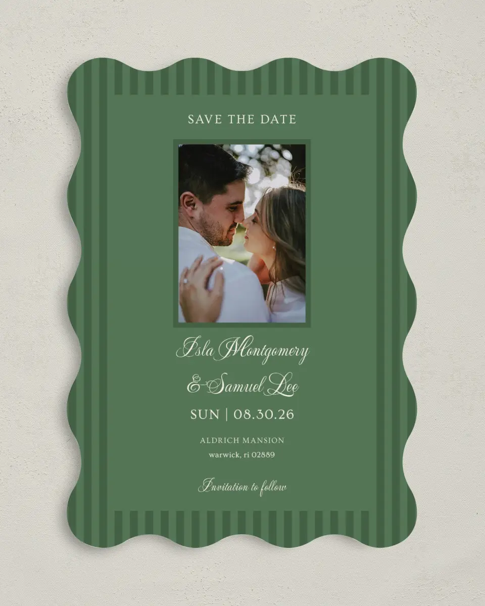 This is a 5" x 7" Save the Date Card called Warwick printed in full color with Silver foil on Luxe Satin (coated) paper