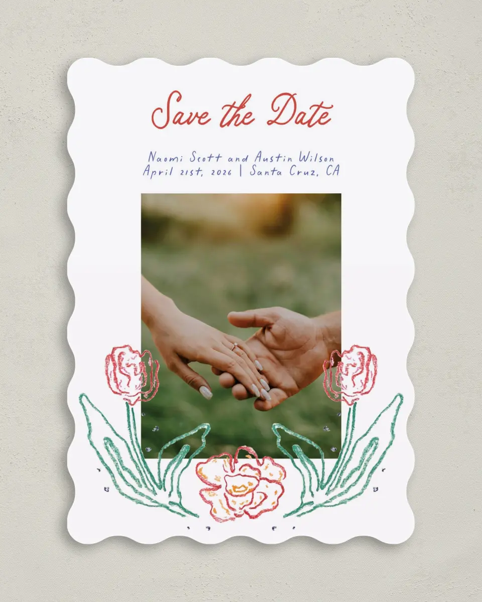 This is a 5" x 7" Save the Date Card called Whimsy Love printed in full color on Premium Smooth paper