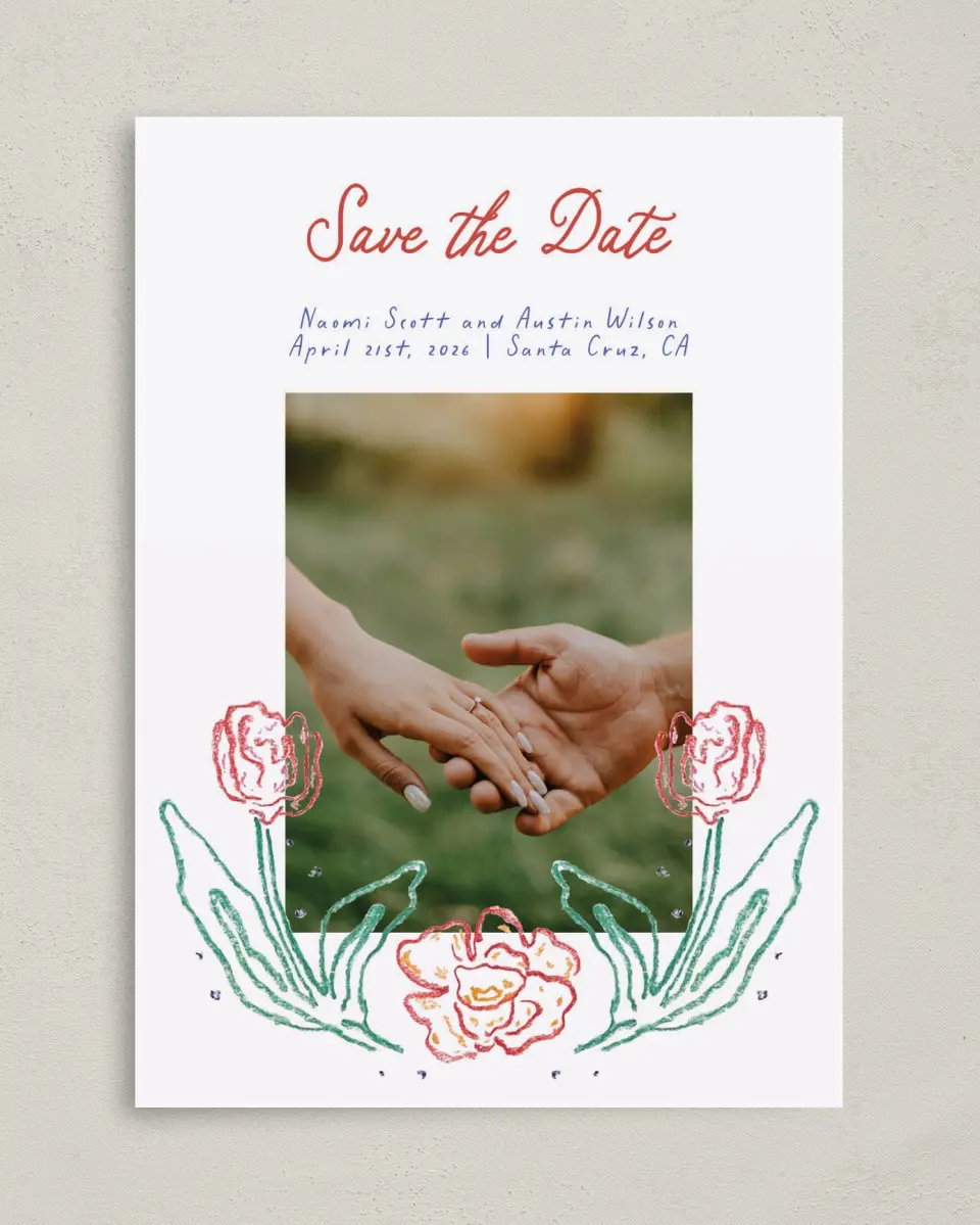 This is a 5" x 7" Save the Date Card called Whimsy Love printed in full color with Silver foil on Luxe Satin (coated) paper