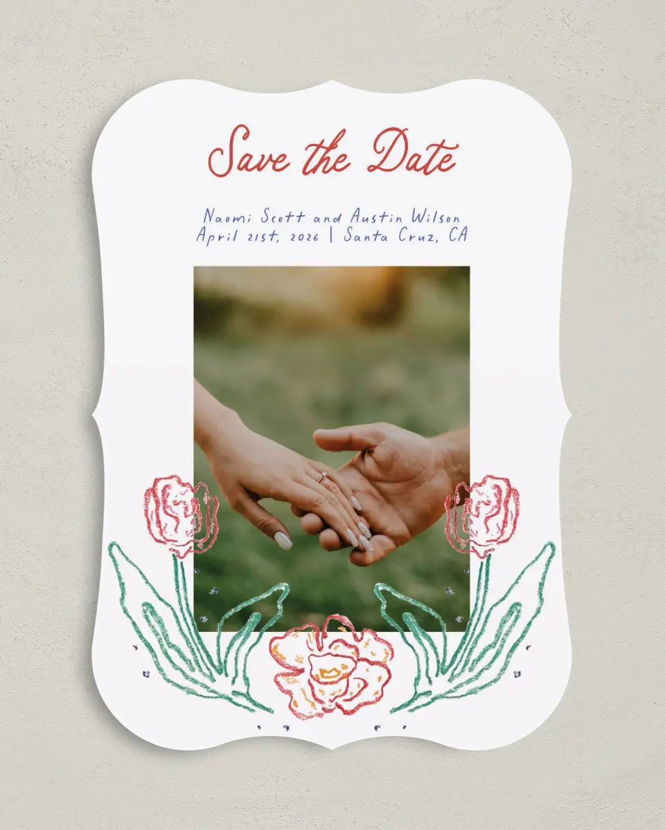 This is a 5" x 7" Save the Date Card called Whimsy Love printed in full color on Premium Smooth paper