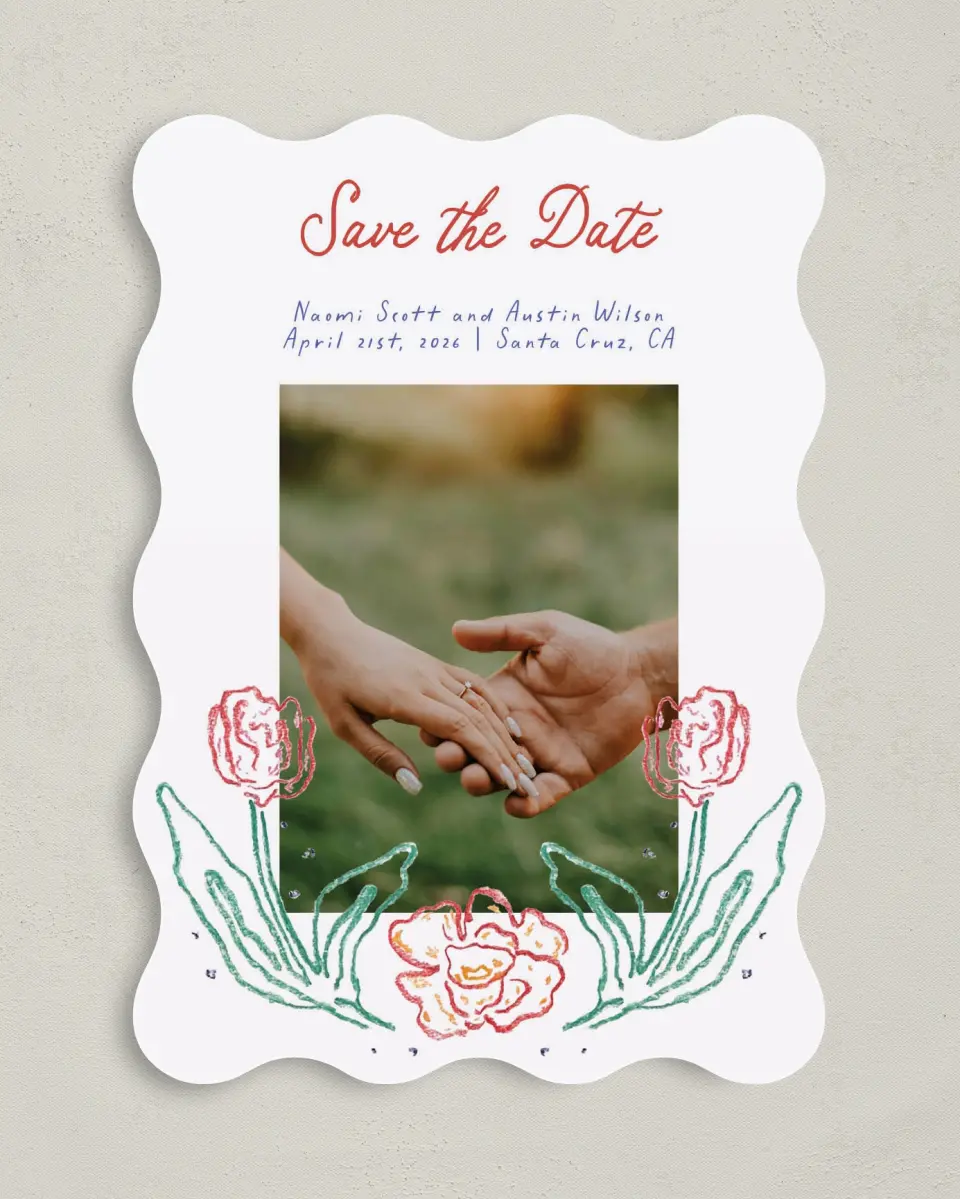 This is a 5" x 7" Save the Date Card called Whimsy Love printed in full color on Premium Smooth paper