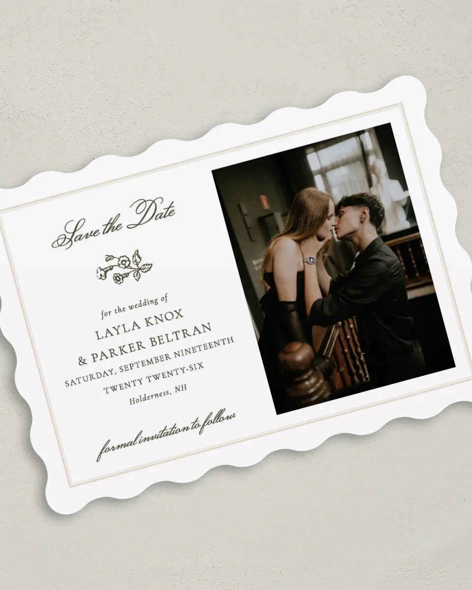 This is a 5" x 7" Save the Date Card called Holderness printed in full color on Premium Smooth paper