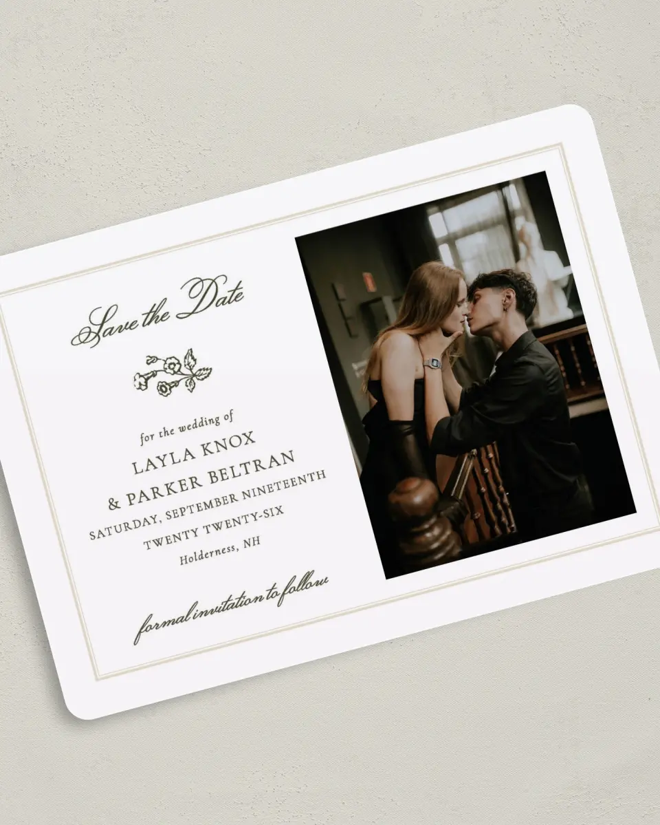 This is a 5" x 7" Save the Date Card called Holderness printed in full color on Premium Smooth paper