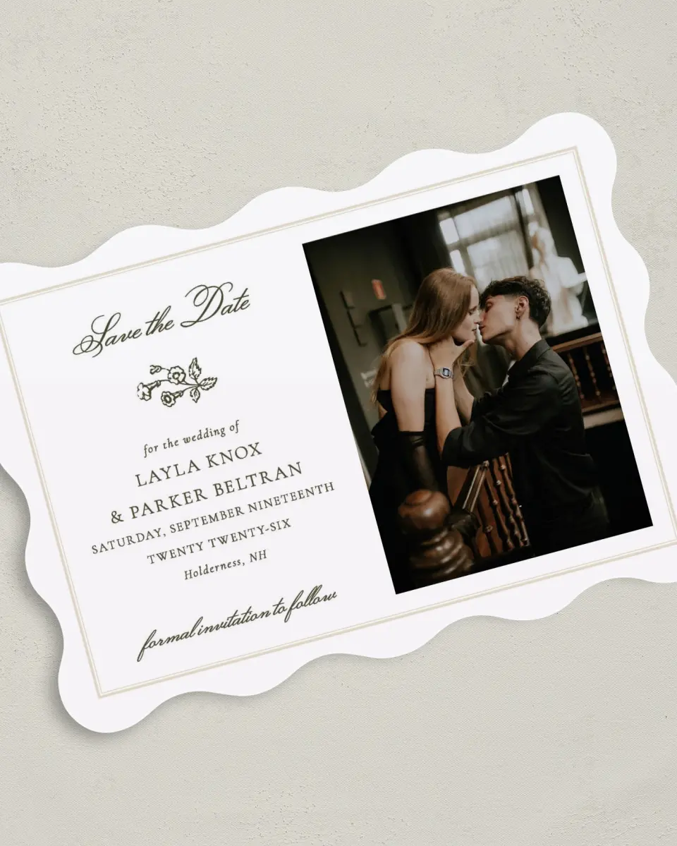 This is a 5" x 7" Save the Date Card called Holderness printed in full color on Premium Smooth paper