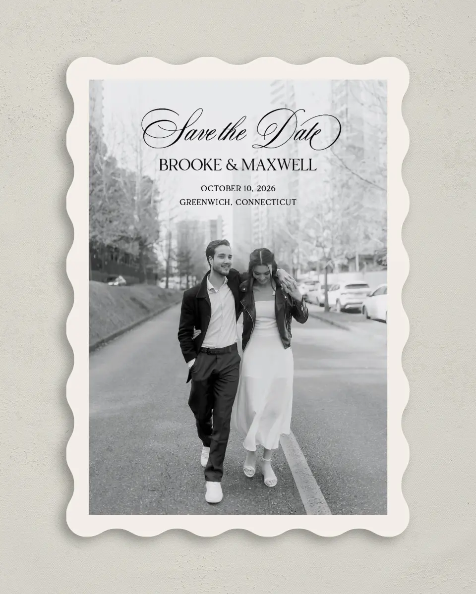 This is a 5" x 7" Save the Date Card called Greenwich printed in full color on Premium Smooth paper