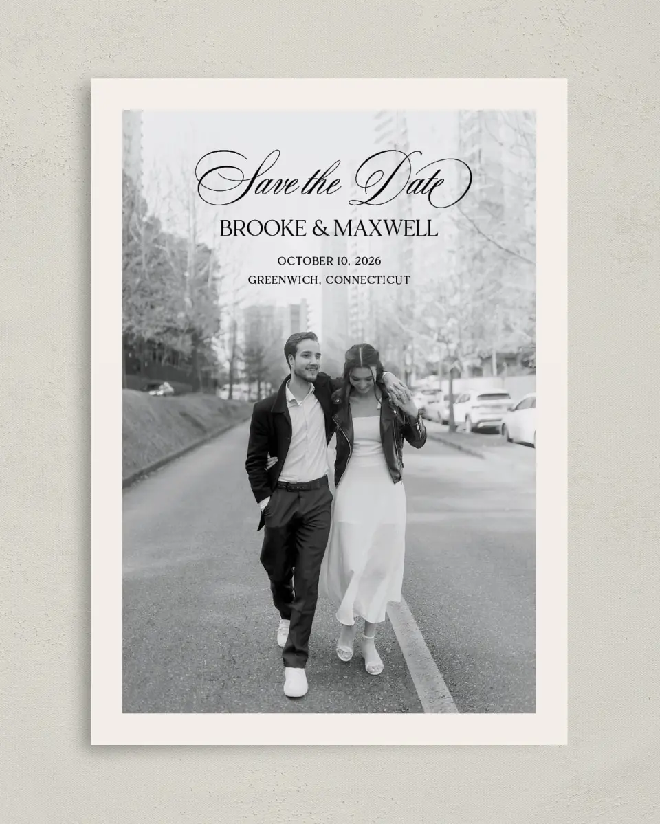This is a 5" x 7" Save the Date Card called Greenwich printed in full color on Premium Smooth paper