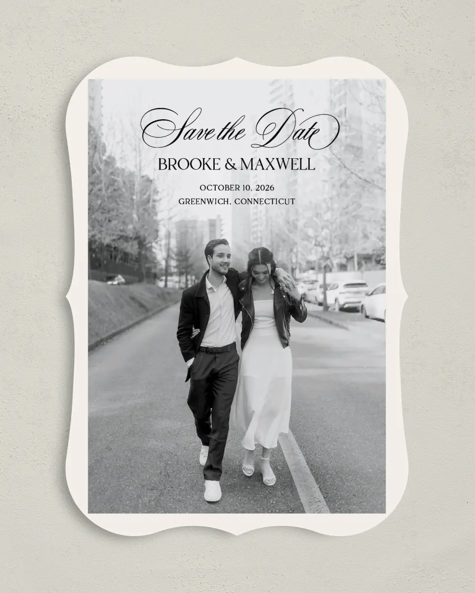 This is a 5" x 7" Save the Date Card called Greenwich printed in full color on Premium Smooth paper