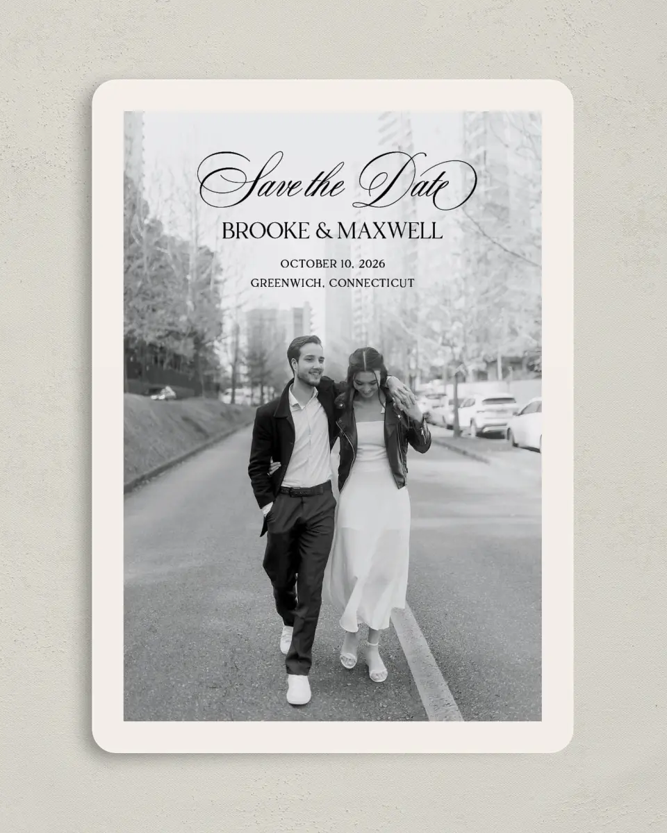 This is a 5" x 7" Save the Date Card called Greenwich printed in full color on Premium Smooth paper