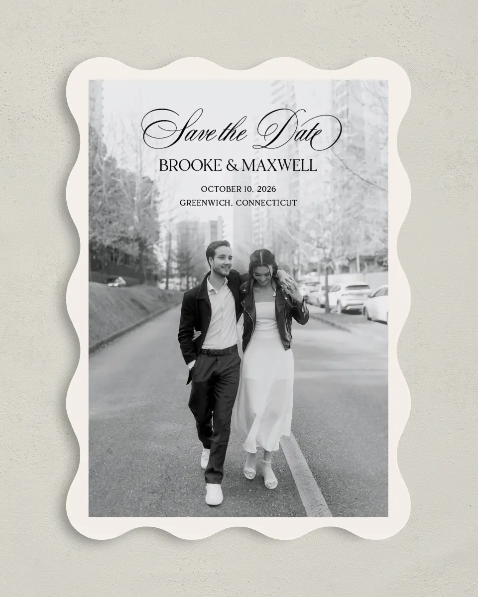 This is a 5" x 7" Save the Date Card called Greenwich printed in full color on Premium Smooth paper