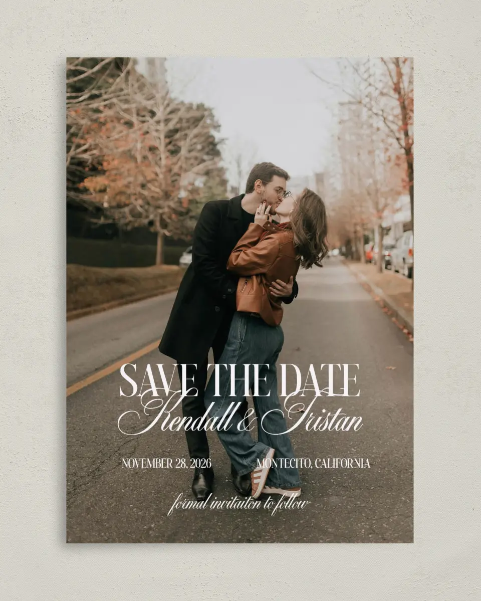 This is a 5" x 7" Save the Date Card called Montecito printed in full color with Rose Gold foil on Luxe Satin (coated) paper