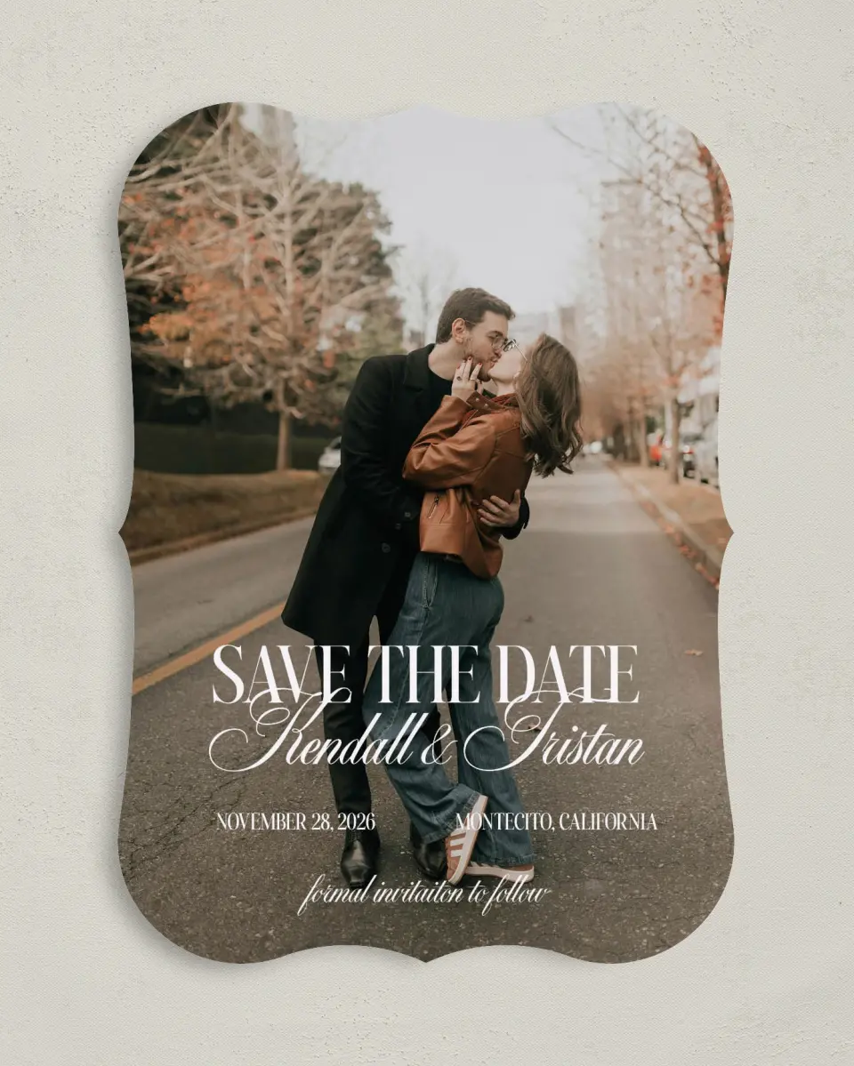 This is a 5" x 7" Save the Date Card called Montecito printed in full color on Premium Smooth paper