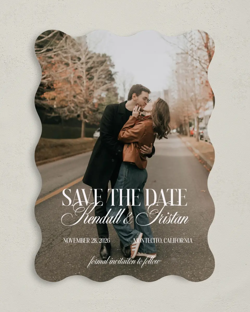This is a 5" x 7" Save the Date Card called Montecito printed in full color on Premium Smooth paper