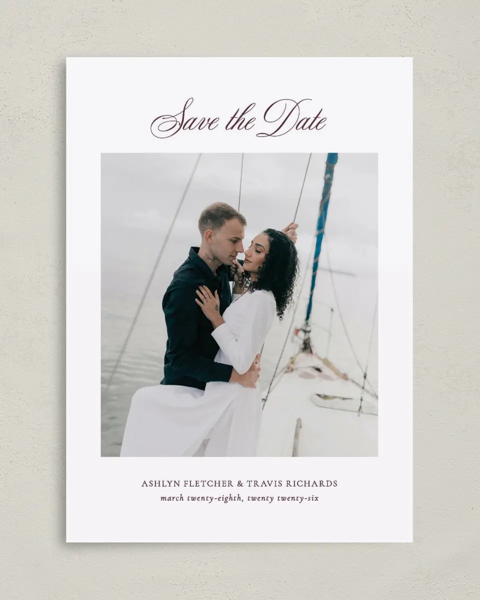 This is a 5" x 7" Save the Date Card called Georgetown printed in full color with Rose Gold foil on Luxe Satin (coated) paper