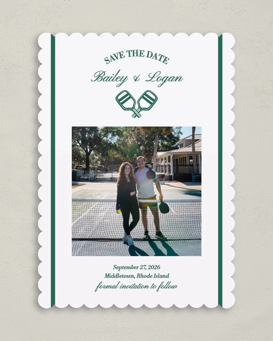 This is a 5" x 7" Save the Date Card called Serving Up Forever printed in full color on Premium Smooth paper
