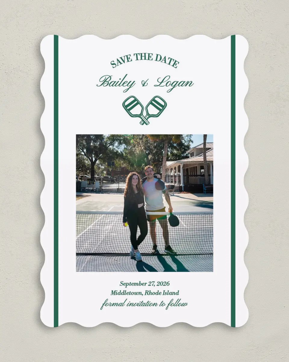 This is a 5" x 7" Save the Date Card called Serving Up Forever printed in full color on Premium Smooth paper