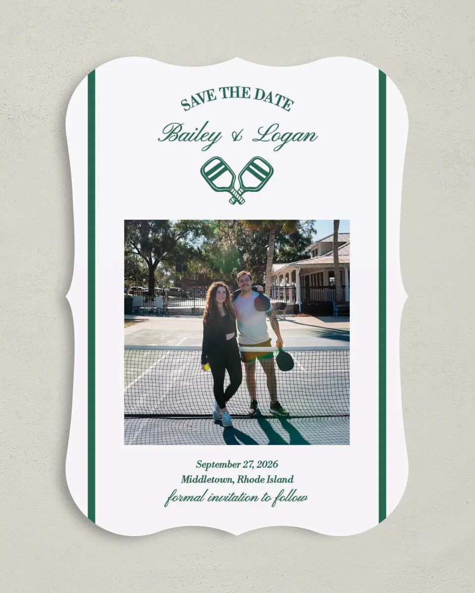 This is a 5" x 7" Save the Date Card called Serving Up Forever printed in full color on Premium Smooth paper