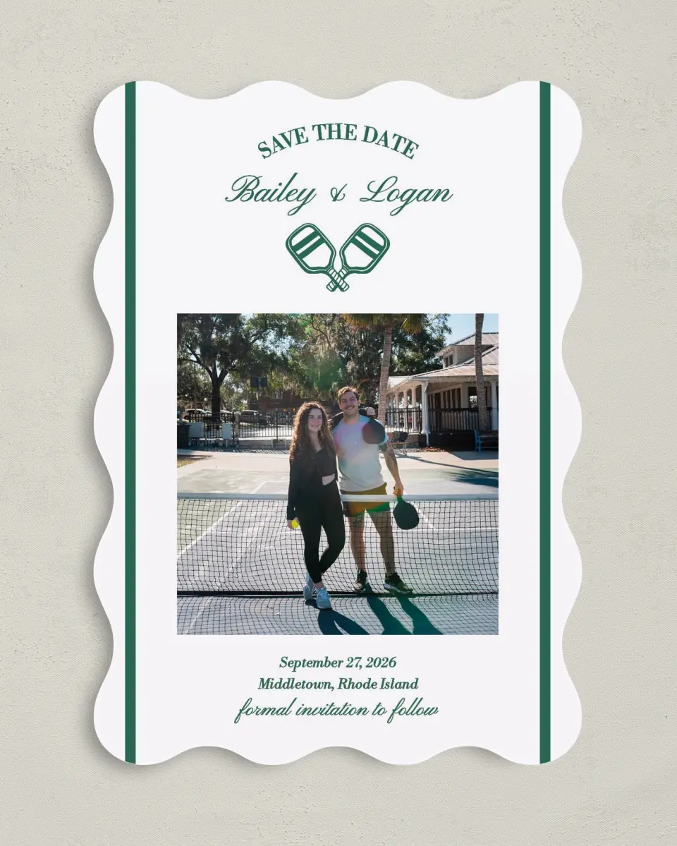 This is a 5" x 7" Save the Date Card called Serving Up Forever printed in full color on Premium Smooth paper