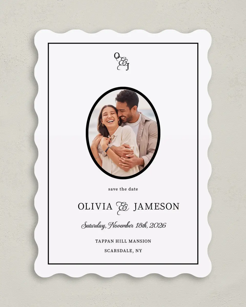 This is a 5" x 7" Save the Date Card called Scarsdale printed in full color on Premium Smooth paper