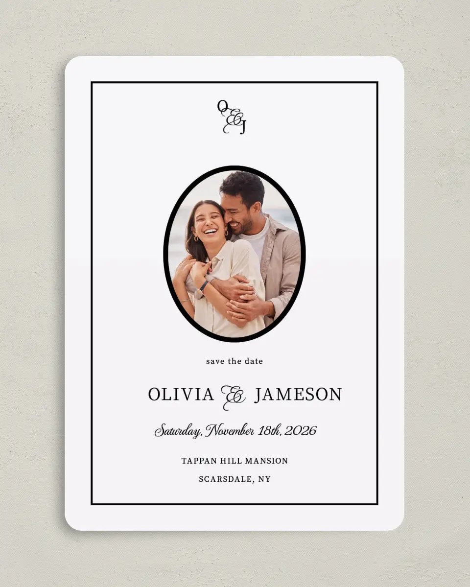 This is a 5" x 7" Save the Date Card called Scarsdale printed in full color on Premium Smooth paper