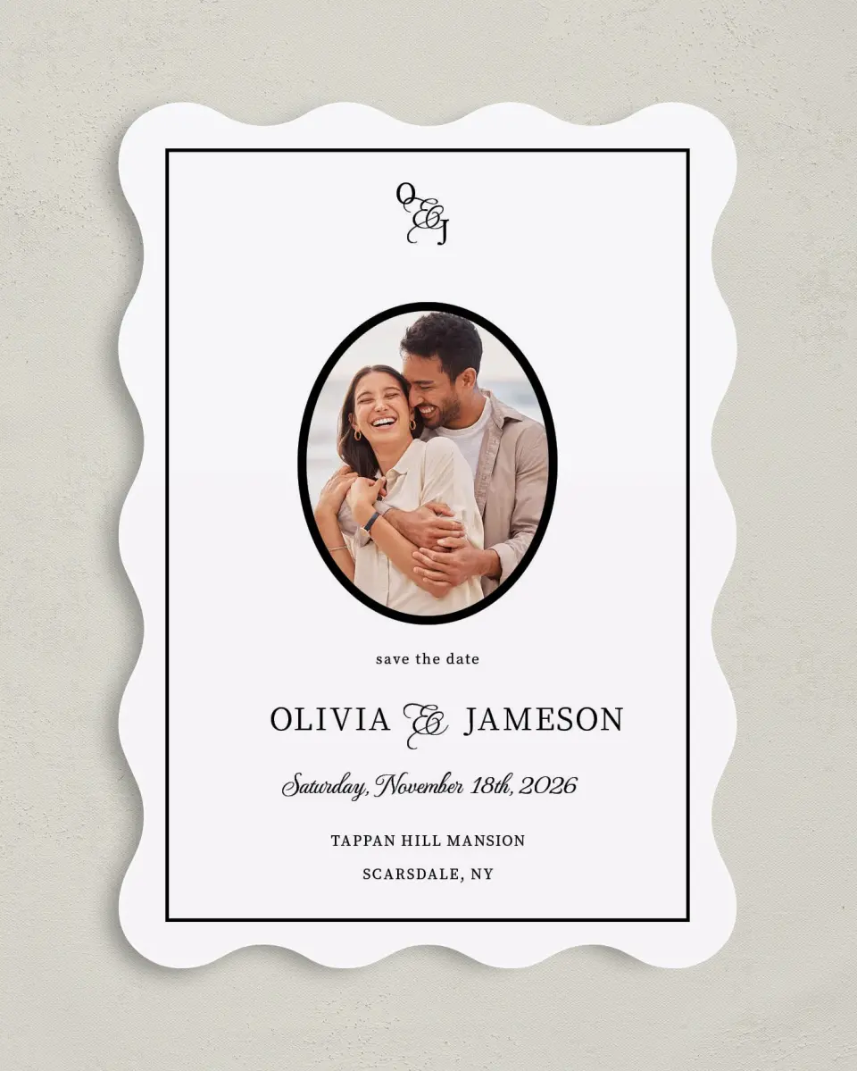 This is a 5" x 7" Save the Date Card called Scarsdale printed in full color on Premium Smooth paper