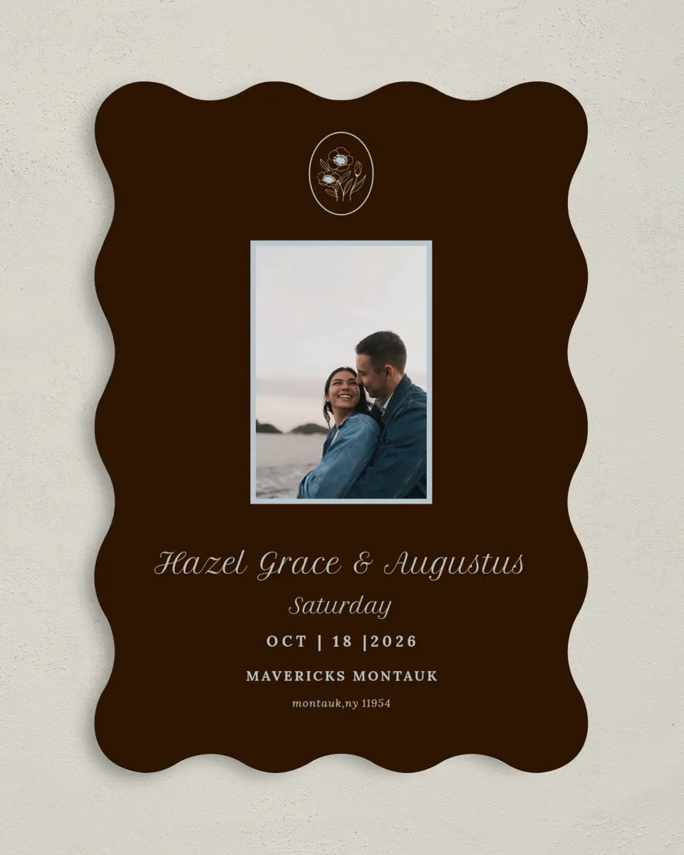 This is a 5" x 7" Save the Date Card called Montauk printed in full color with Silver foil on Luxe Satin (coated) paper