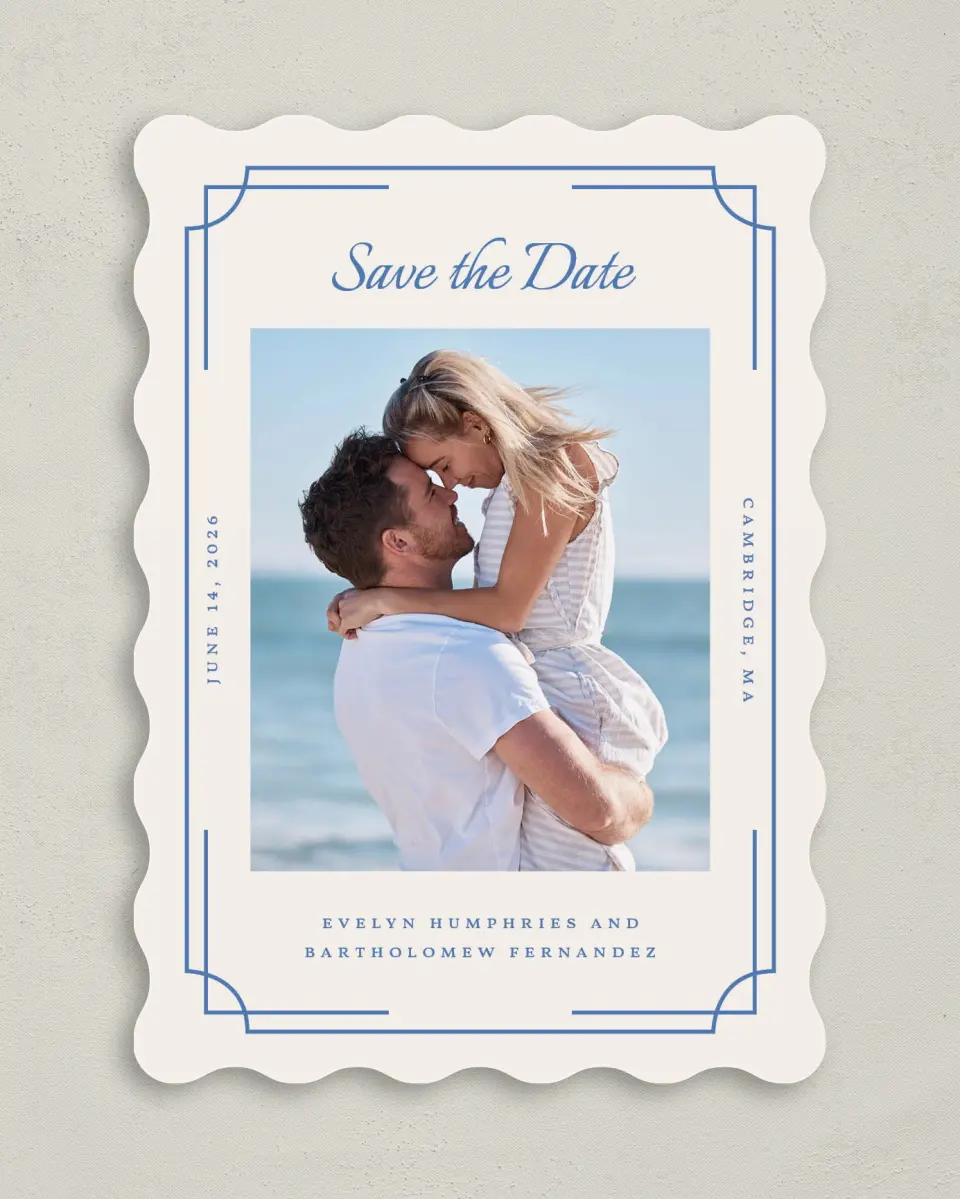 This is a 5" x 7" Save the Date Card called Cambridge printed in full color on Premium Smooth paper