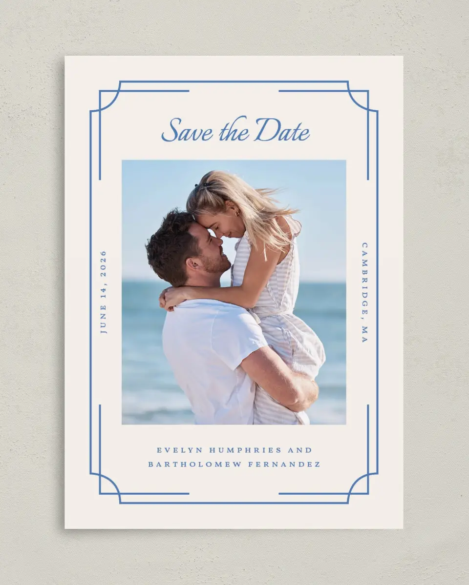 This is a 5" x 7" Save the Date Card called Cambridge printed in full color on Premium Smooth paper