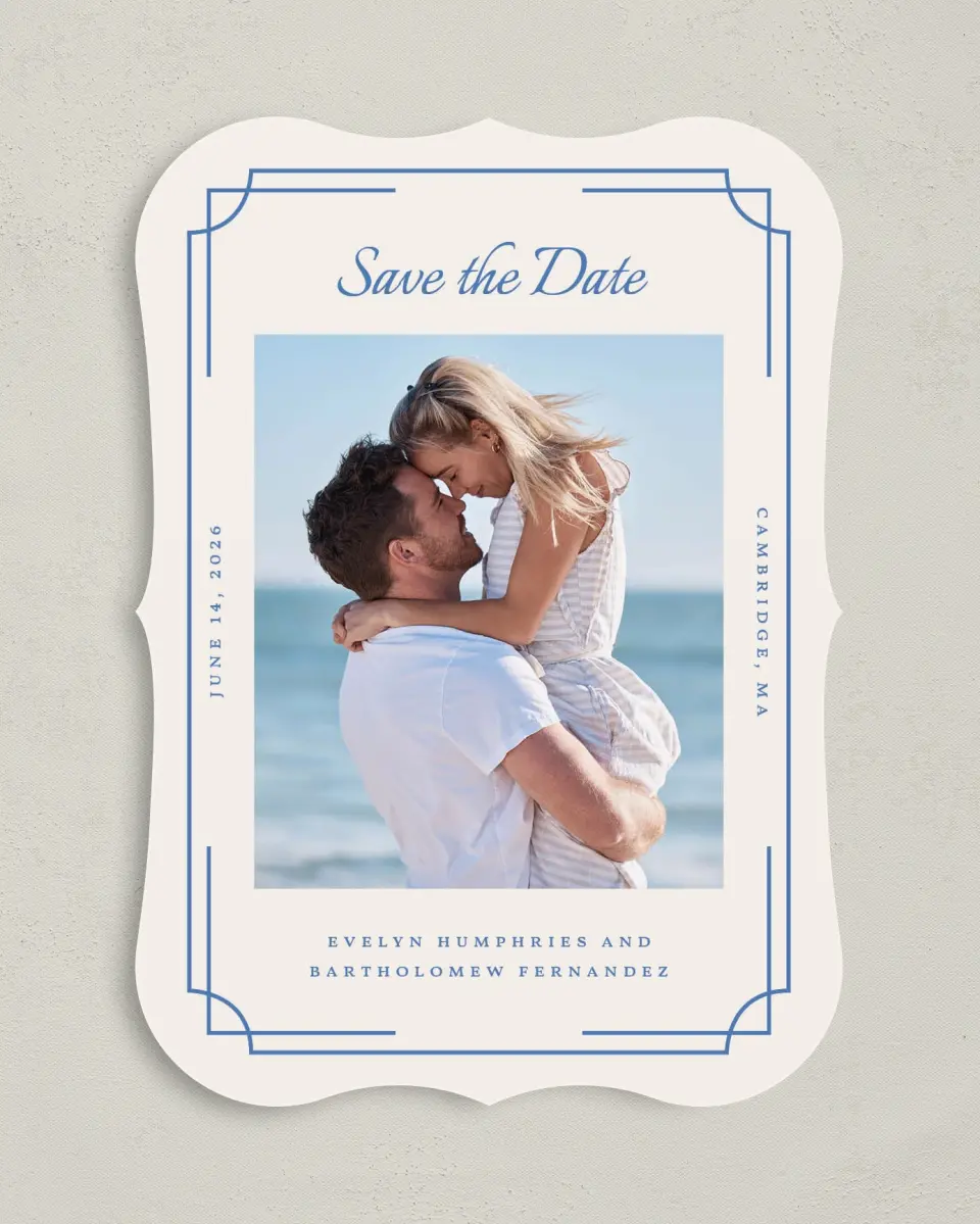 This is a 5" x 7" Save the Date Card called Cambridge printed in full color on Premium Smooth paper
