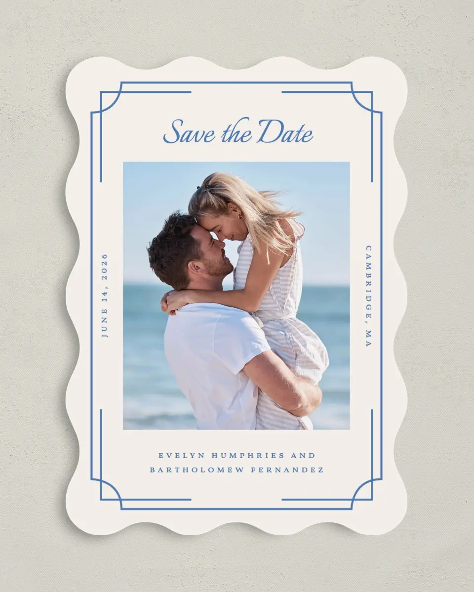 This is a 5" x 7" Save the Date Card called Cambridge printed in full color with Silver foil on Luxe Satin (coated) paper
