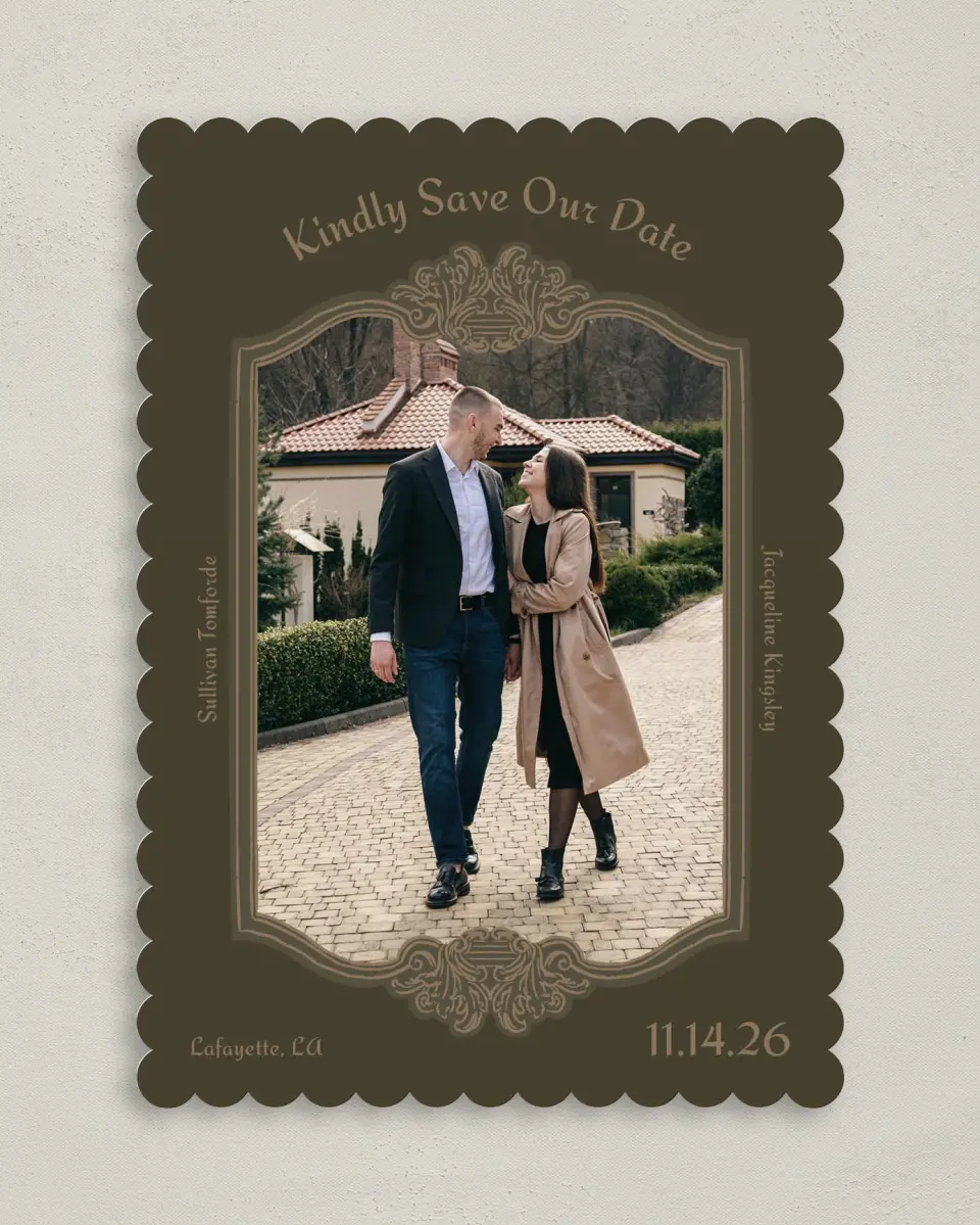 This is a 5" x 7" Save the Date Card called Lafayette printed in full color on Premium Smooth paper
