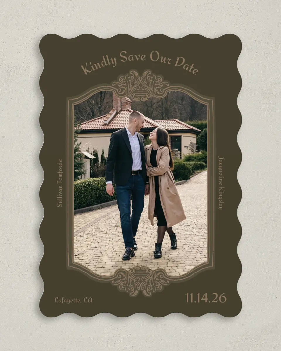 This is a 5" x 7" Save the Date Card called Lafayette printed in full color on Premium Smooth paper