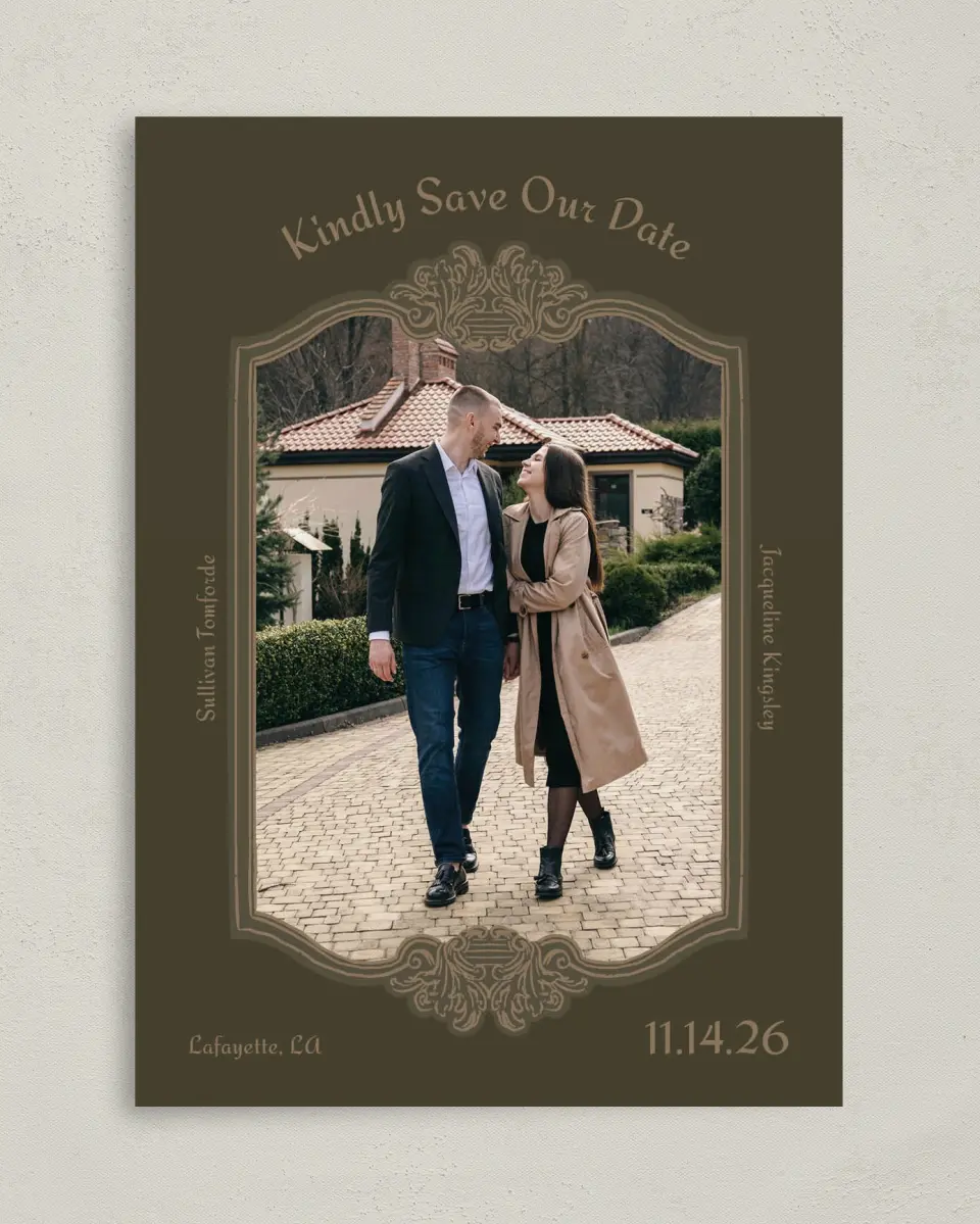 This is a 5" x 7" Save the Date Card called Lafayette printed in full color on Premium Smooth paper