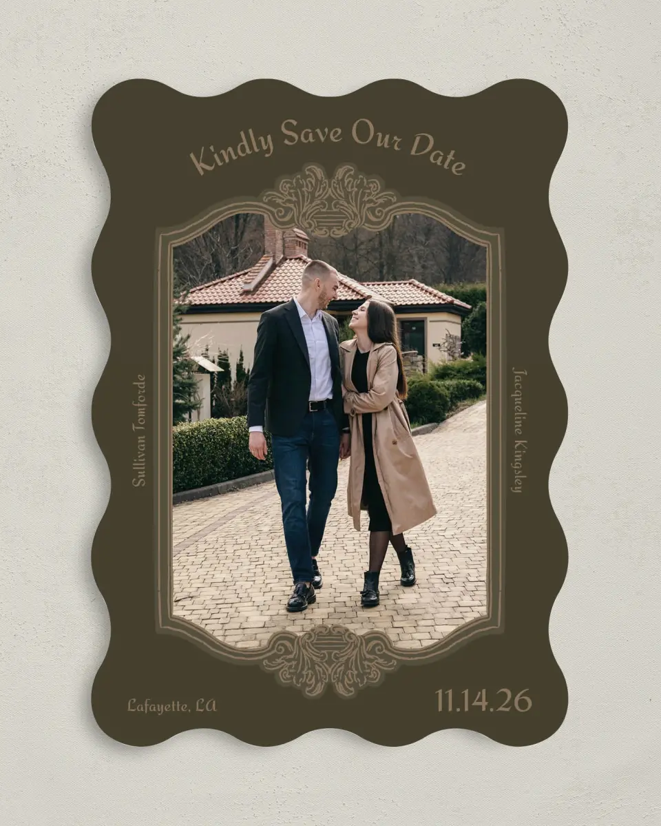 This is a 5" x 7" Save the Date Card called Lafayette printed in full color on Premium Smooth paper