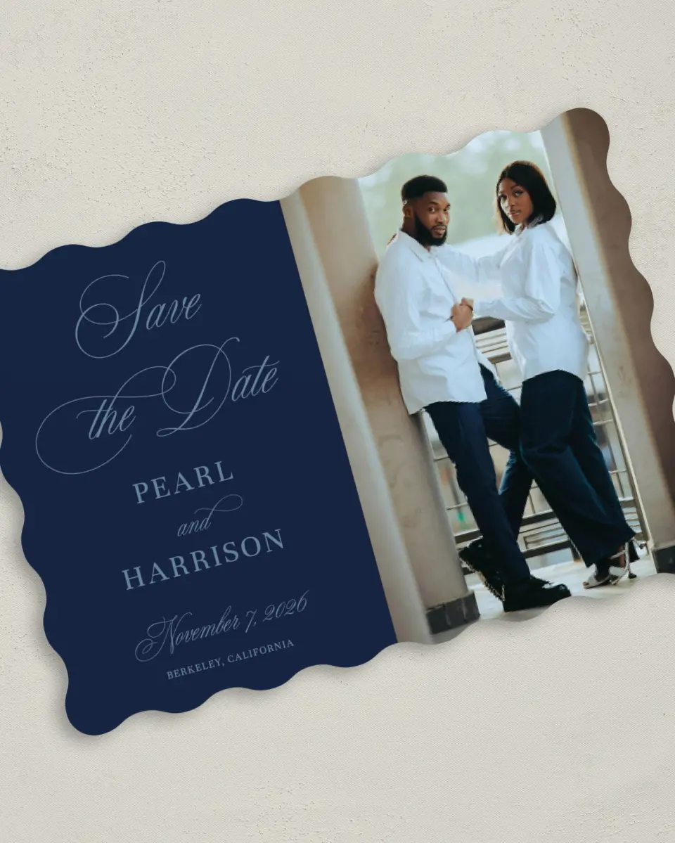 This is a 5" x 7" Save the Date Card called Berkeley printed in full color on Premium Smooth paper