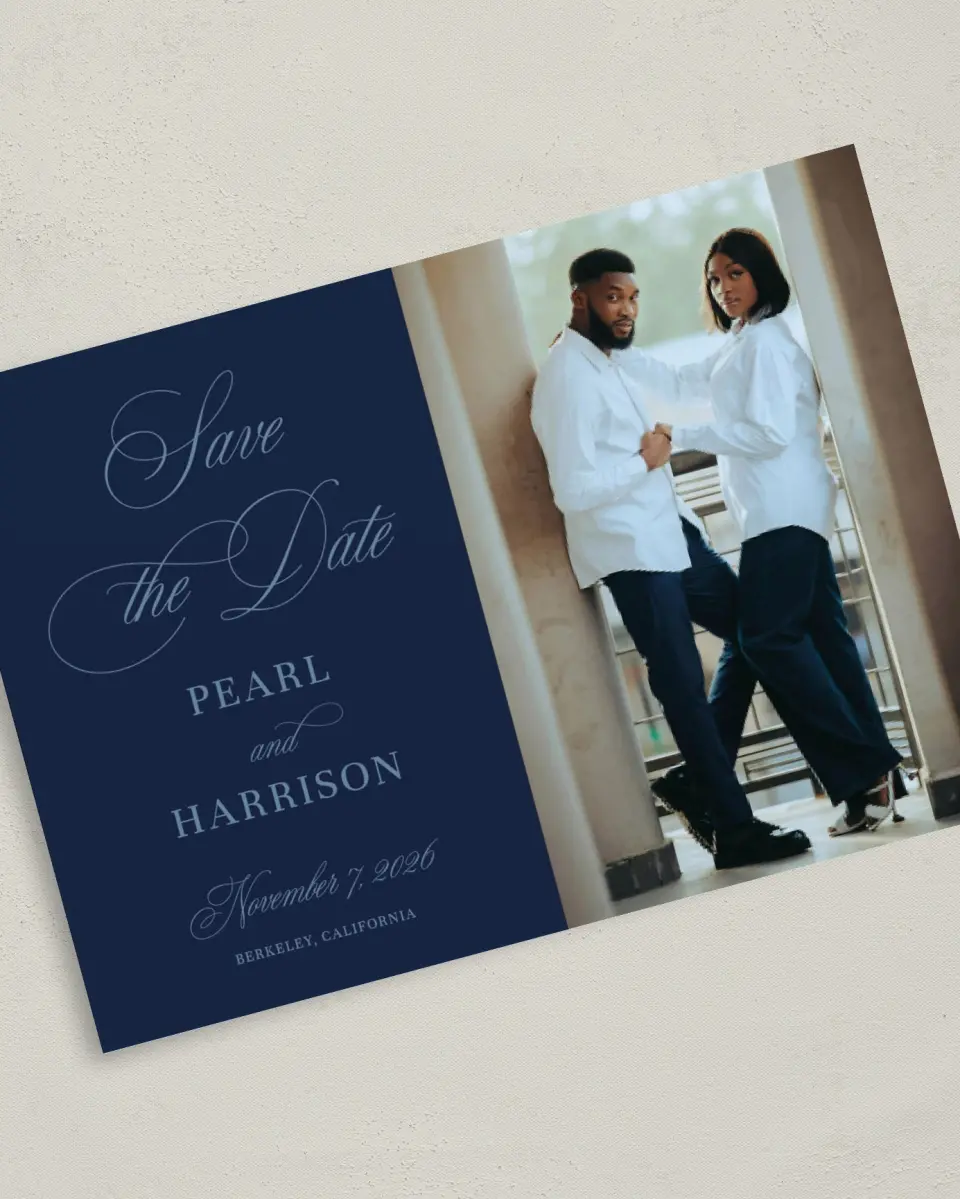 This is a 5" x 7" Save the Date Card called Berkeley printed in full color on Premium Smooth paper
