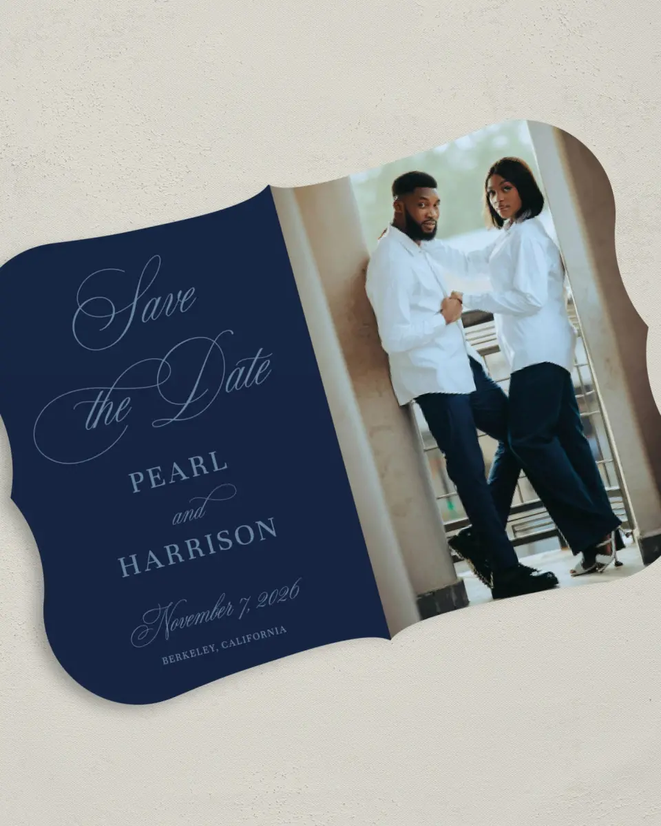 This is a 5" x 7" Save the Date Card called Berkeley printed in full color on Premium Smooth paper