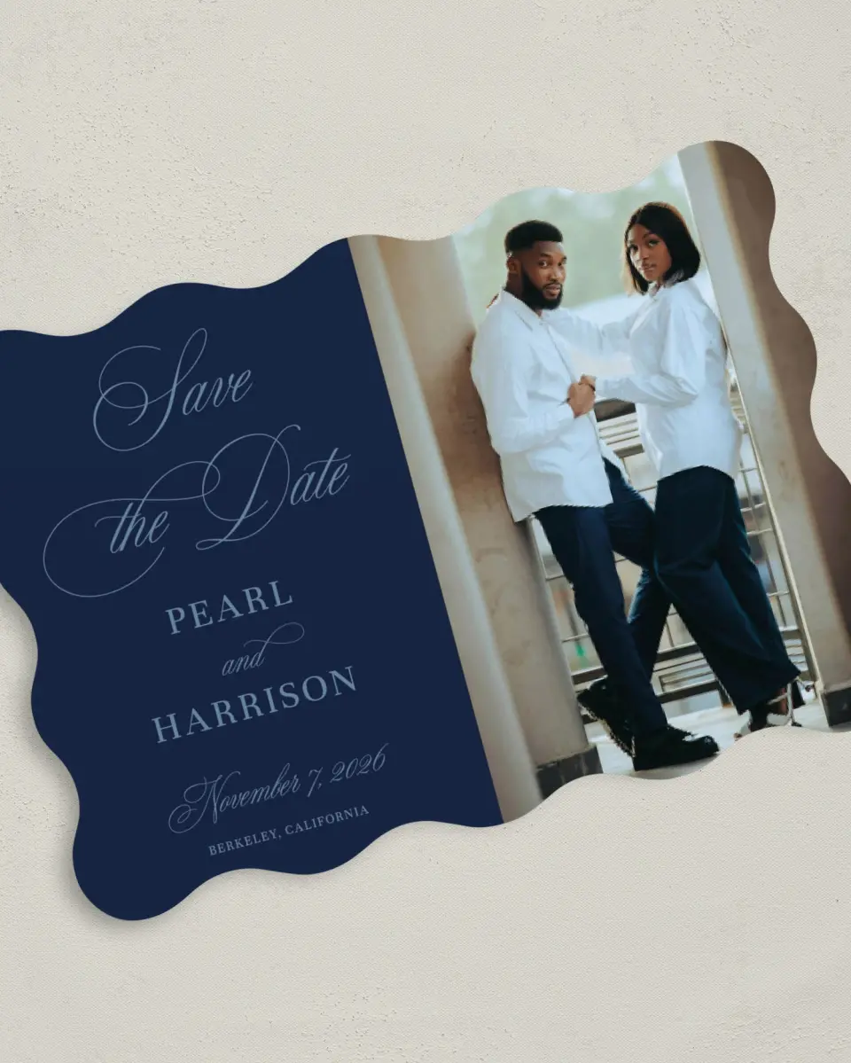 This is a 5" x 7" Save the Date Card called Berkeley printed in full color on Premium Smooth paper