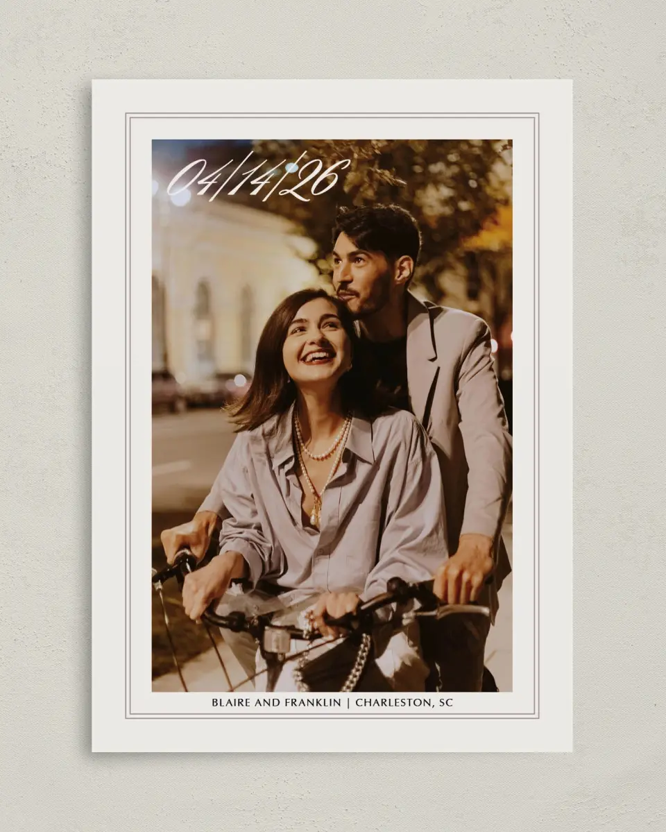 This is a 5" x 7" Save the Date Card called Charleston printed in full color on Premium Smooth paper