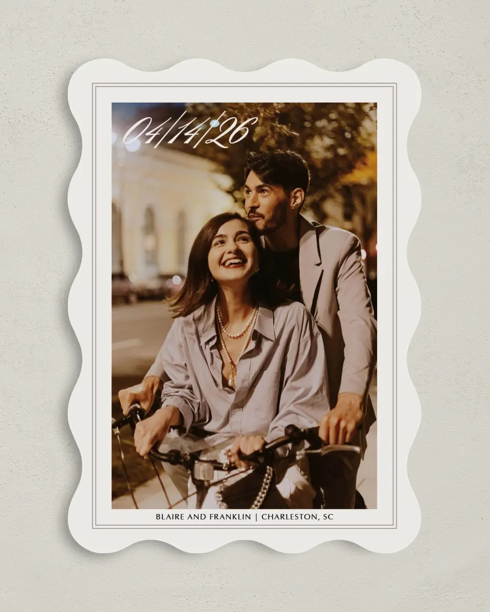 This is a 5" x 7" Save the Date Card called Charleston printed in full color on Premium Smooth paper