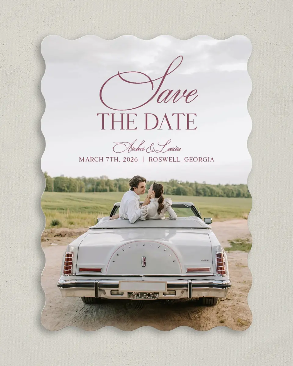This is a 5" x 7" Save the Date Card called Roswell printed in full color on Premium Smooth paper