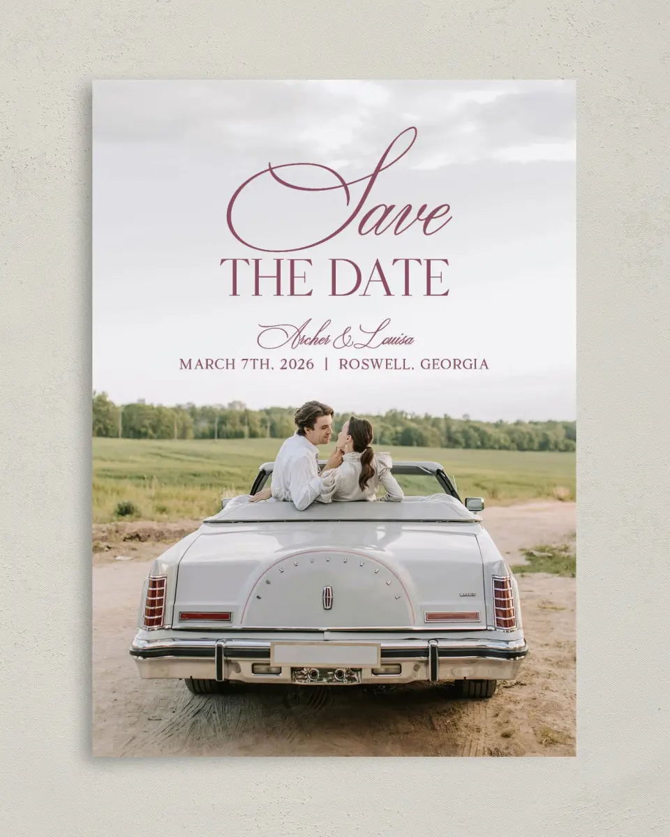 This is a 5" x 7" Save the Date Card called Roswell printed in full color on Premium Smooth paper