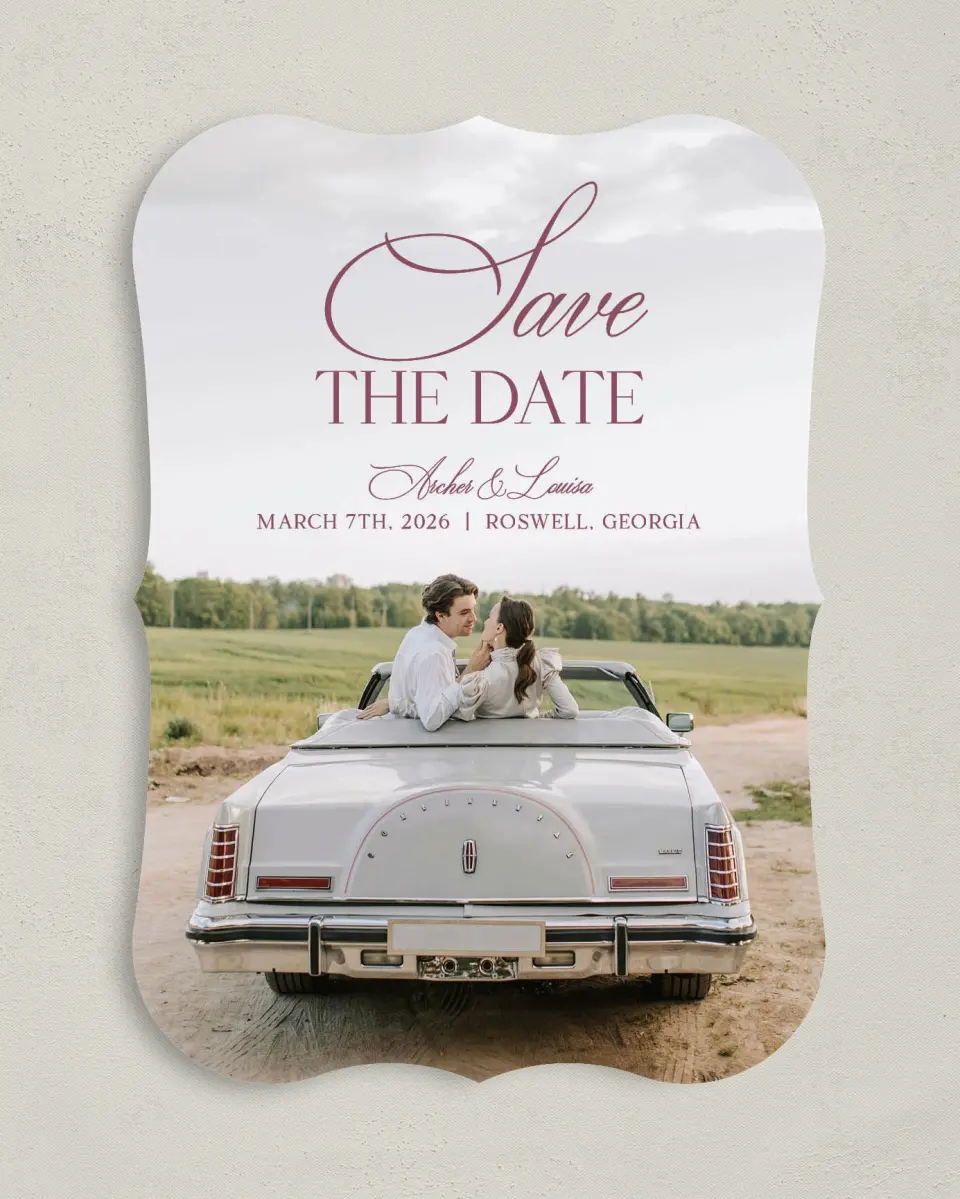 This is a 5" x 7" Save the Date Card called Roswell printed in full color on Premium Smooth paper