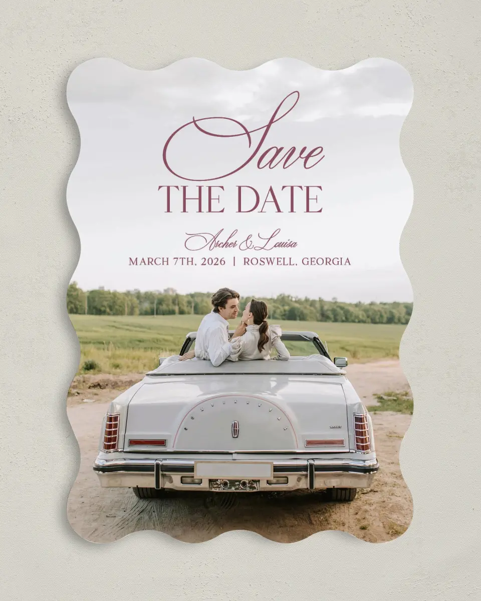 This is a 5" x 7" Save the Date Card called Roswell printed in full color on Premium Smooth paper