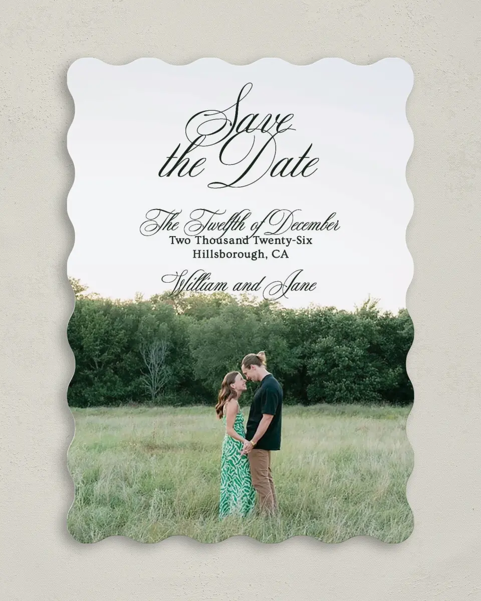 This is a 5" x 7" Save the Date Card called Hillsborough printed in full color on Premium Smooth paper