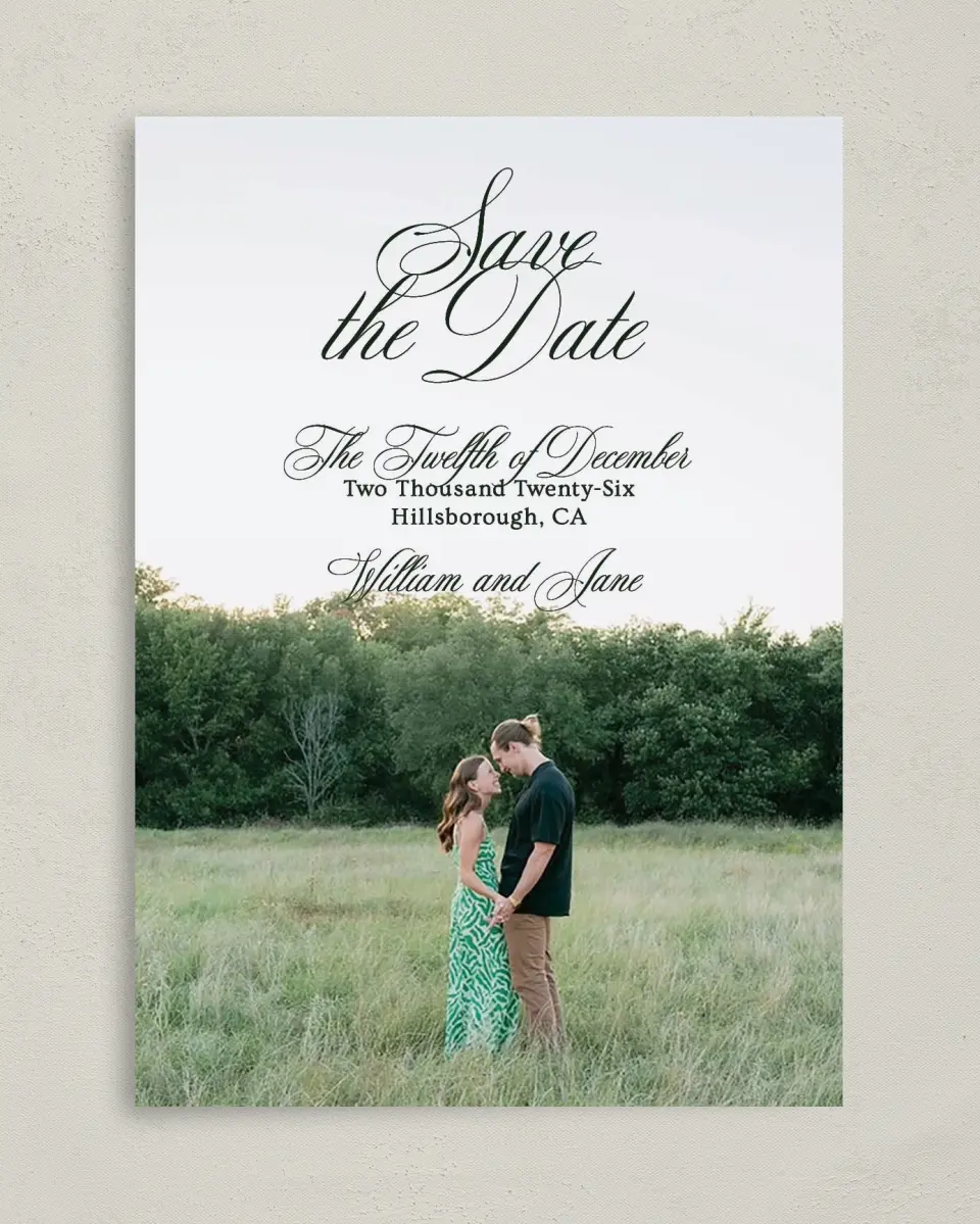 This is a 5" x 7" Save the Date Card called Hillsborough printed in full color on Premium Smooth paper