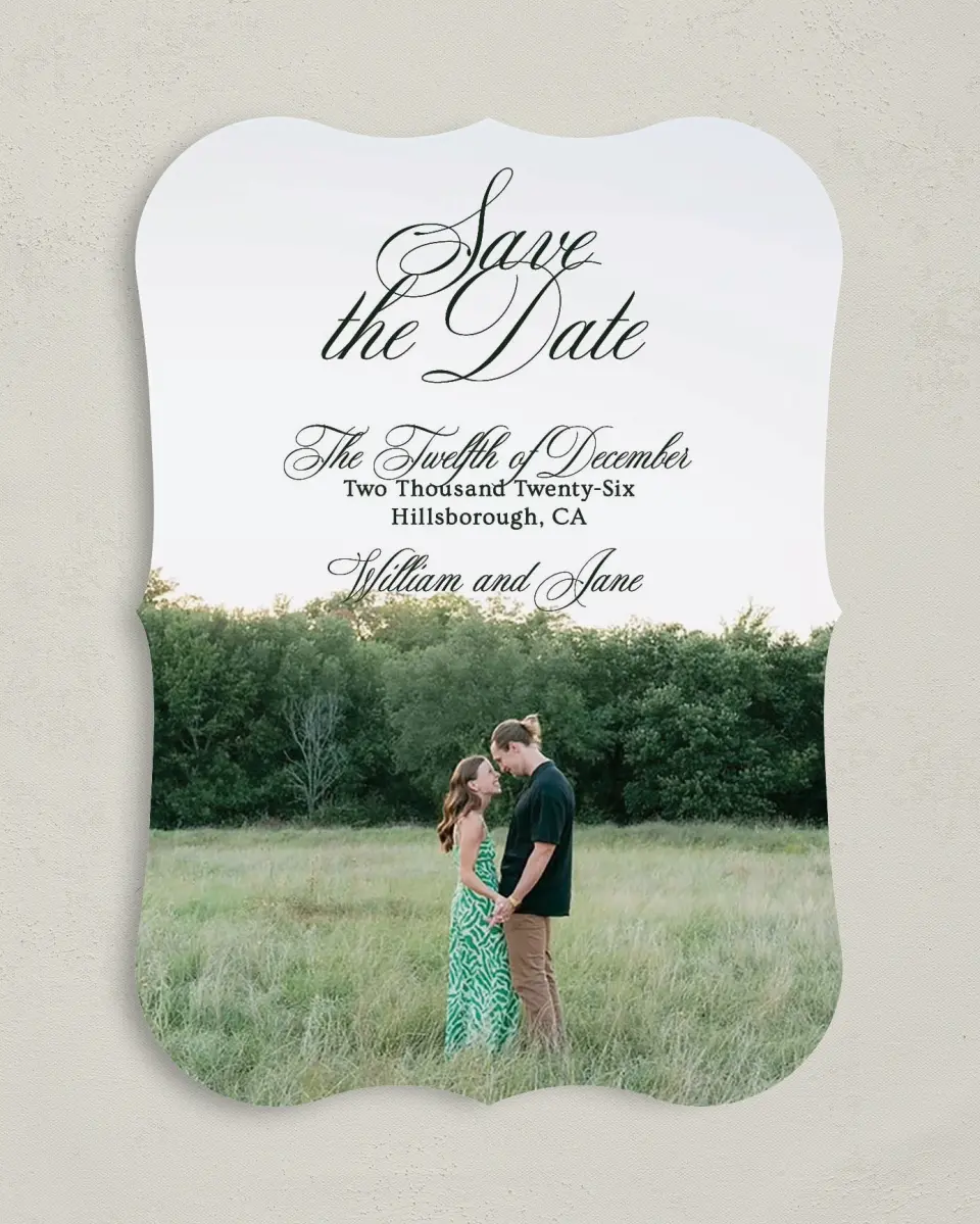 This is a 5" x 7" Save the Date Card called Hillsborough printed in full color on Premium Smooth paper