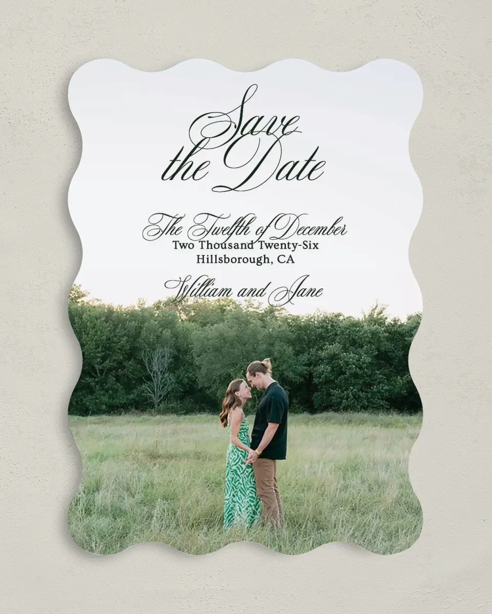 This is a 5" x 7" Save the Date Card called Hillsborough printed in full color on Premium Smooth paper