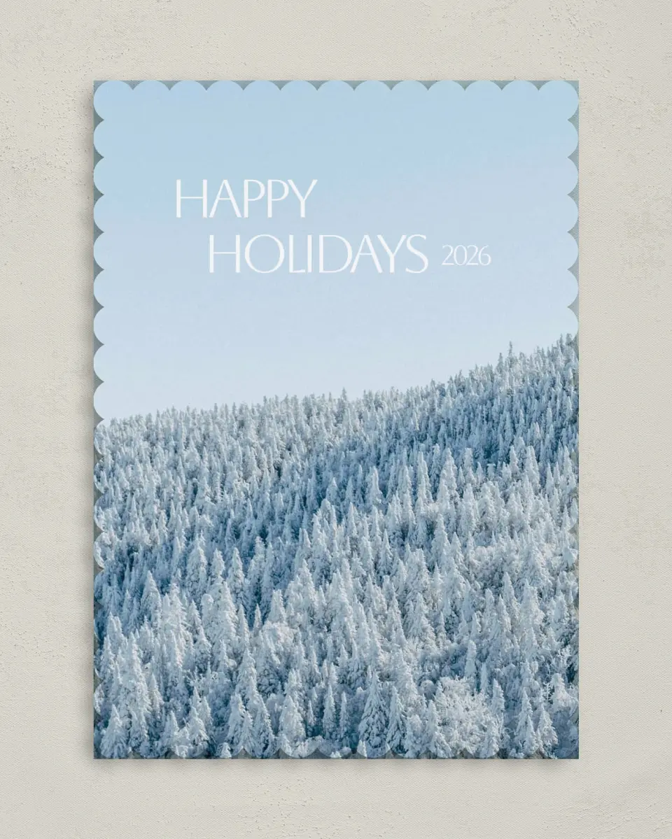 This is a 5" x 7" Christmas Card called Mountain Frost printed in full color on Premium Smooth paper on Premium Smooth paper on Premium Smooth paper