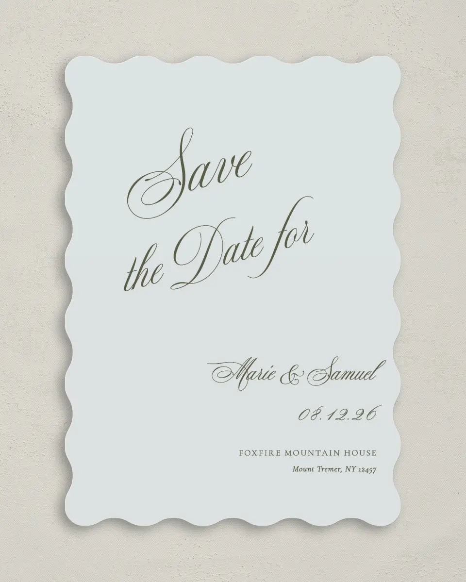This is a 5" x 7" Save the Date Card called Foxfire printed in full color on Premium Smooth paper
